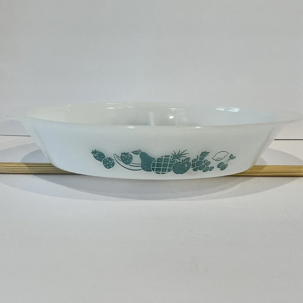 VTG Glasbake Divided Casserole Baking Dish‎ J-2352 White w/ Aqua